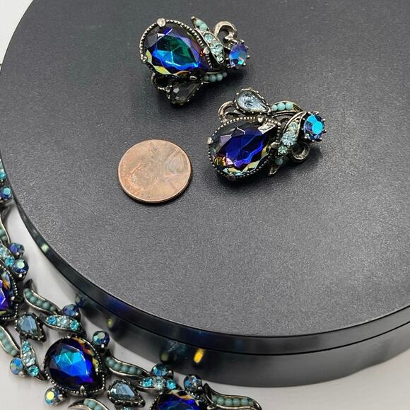 Florenza‎ Signed Vintage Blue Purple Iridescent Glass Bracelet earring Set - Picture 10 of 11